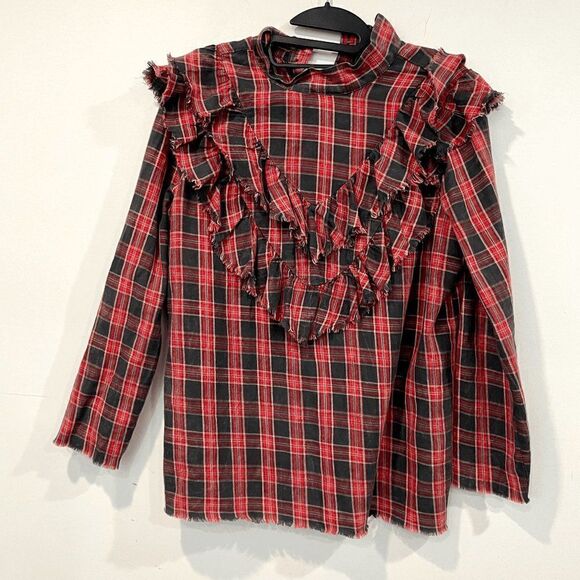 Zara Women's Gingham Tiered Bib Long Sleeves Mock Neck Top Red/Black Size M - Picture 2 of 7